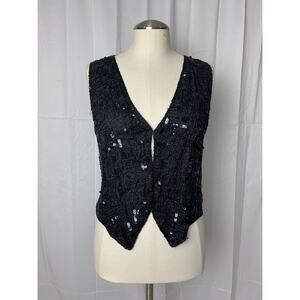 Vintage Rachna Black Silk Sequined Beaded Vest Small 80s 90s Boho